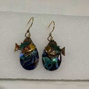 Fish & Abalone Shell Dangle Earrings Beach Boho Colorful Goldtone Green Blue